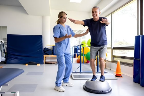Therapist guiding a resident through balance training on a stability trainer